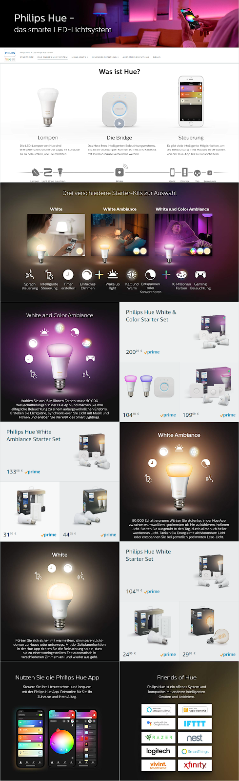 Screenshot Philips Hue Produktpräsentation auf Amazon