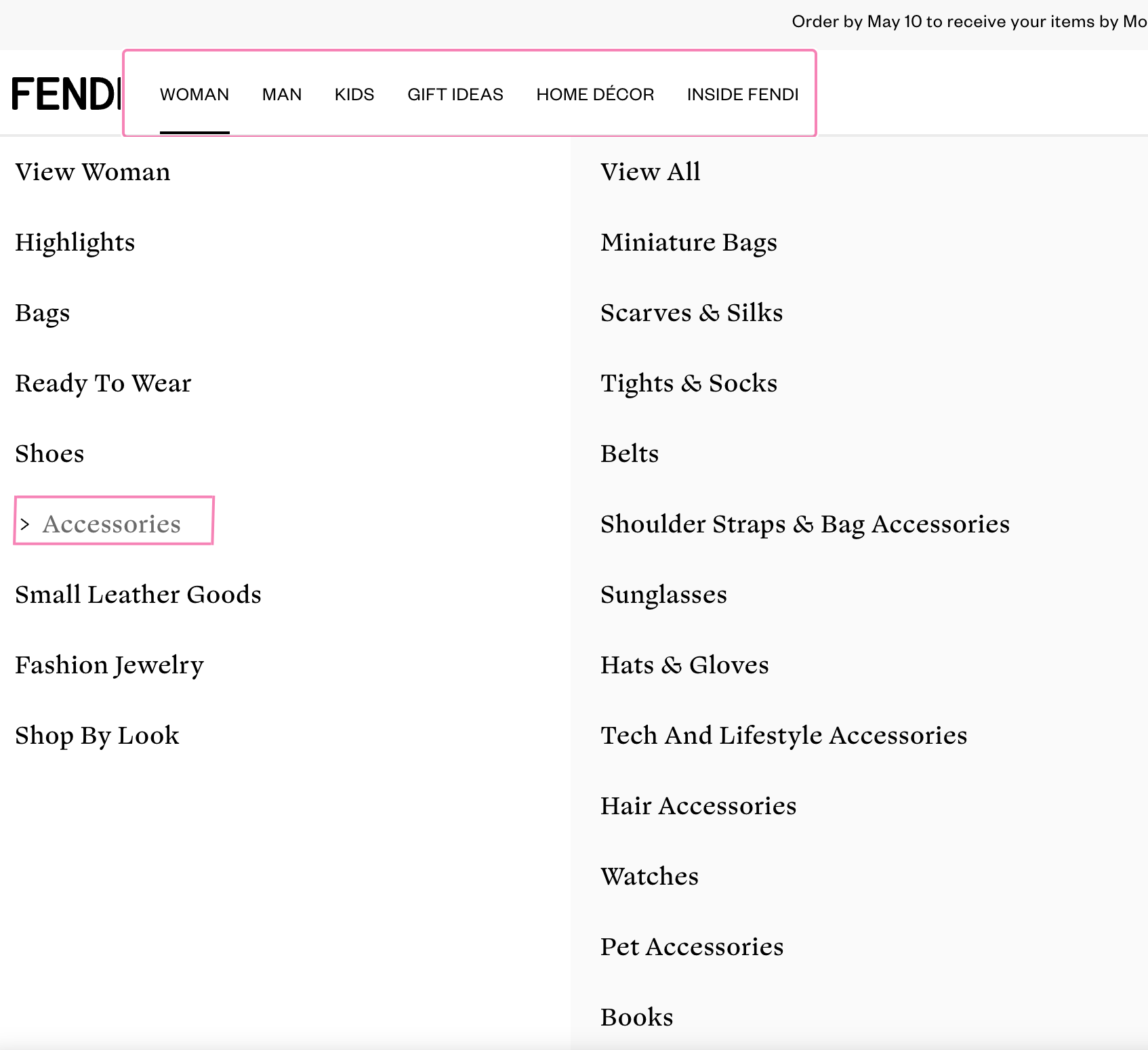 Fendi product taxonomy