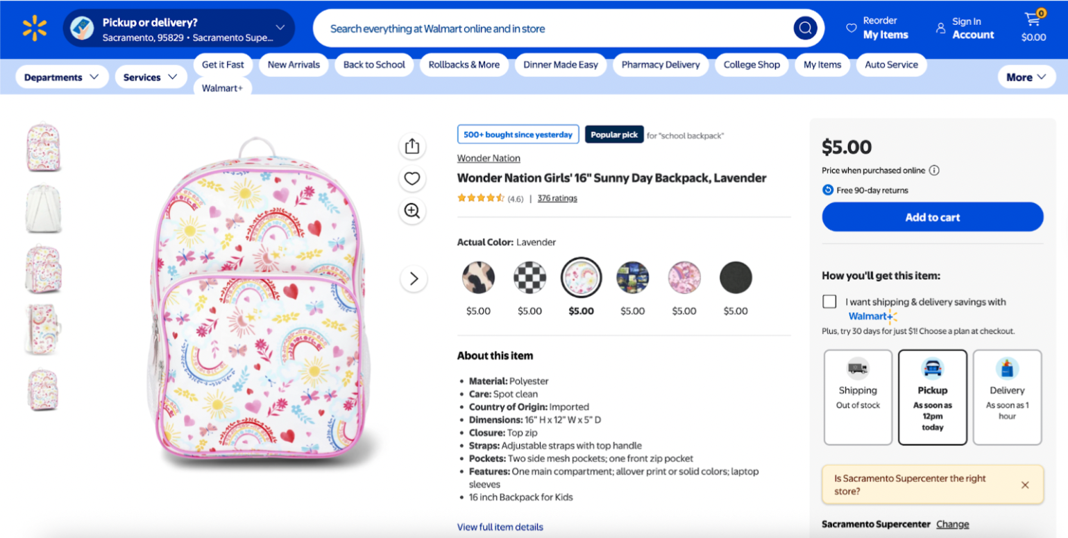 Walmart Backpack Product Detail Page