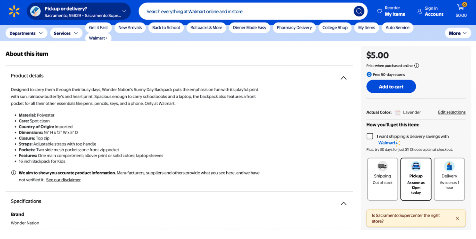 Walmart Product Detail Page